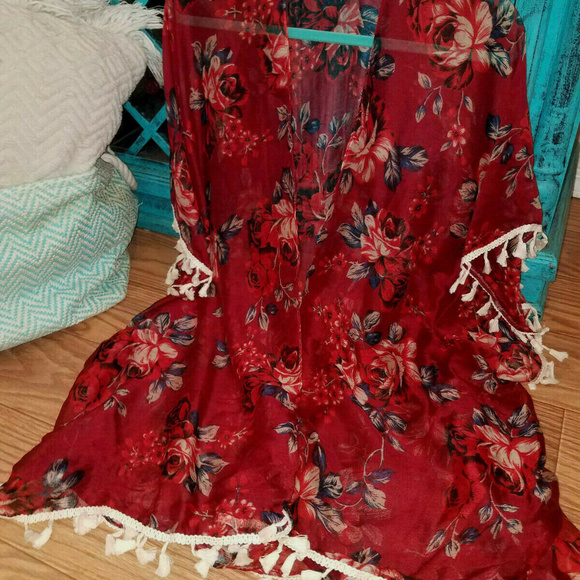 BOHO FLORAL FRINGE MAXI KIMONO CARDIGAN DUSTER OS - Picture 4 of 5
